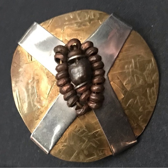 Circular Mixed Metal Earrings in Tones of Brass, Silver & Copper, Pierced Backs - Picture 3 of 5